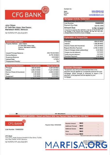 Printable Morocco CFG Bank mortgage statement Word and PDF template